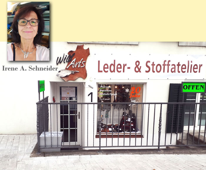 Ladenfront Atelier Wild Arts mit Portrait von Irene A. Schneider